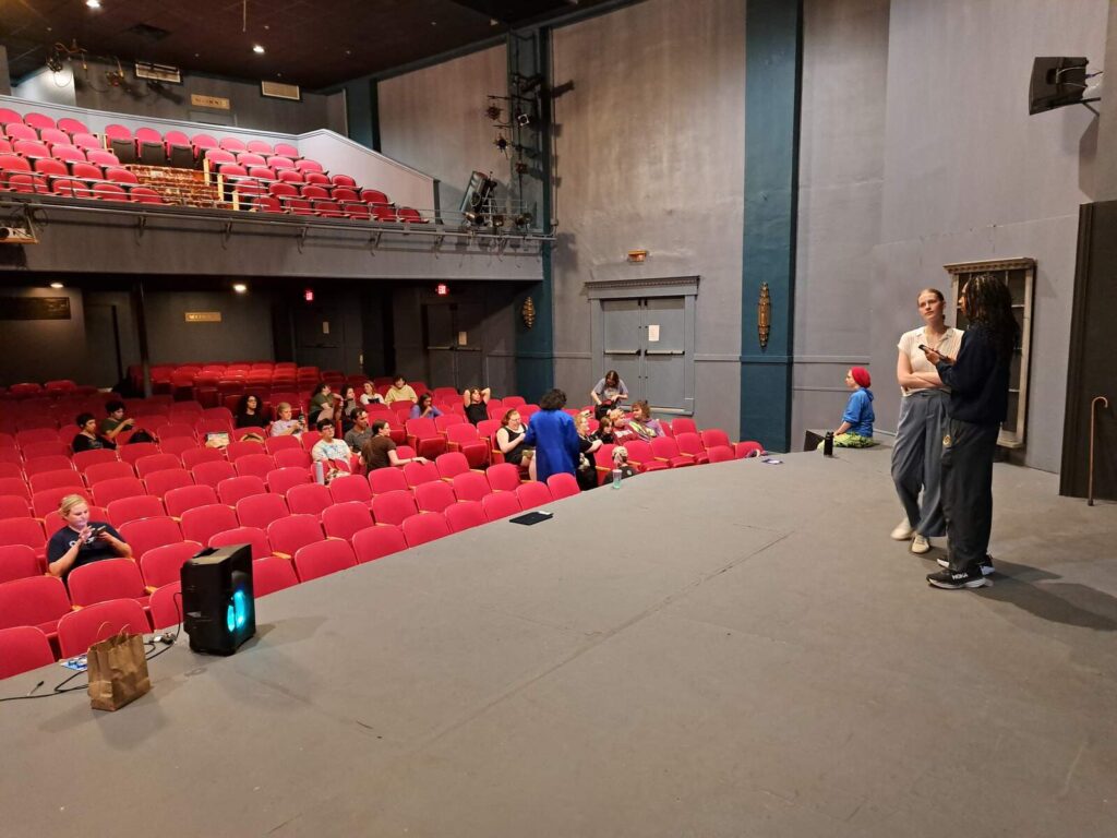Brice Stone and Cameron Stevens preparing to teach onstage