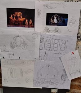 Collage of pencil sketches, graph sheets and reference photos of carriage designs.